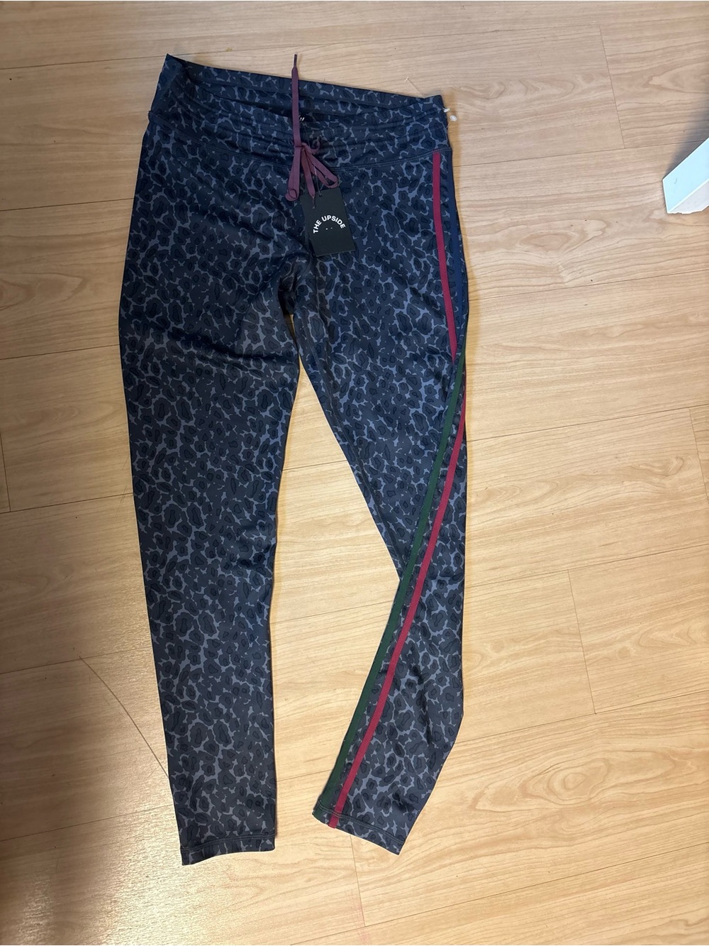 Navy Leopard Print Active Leggings with Red and Green Stripe